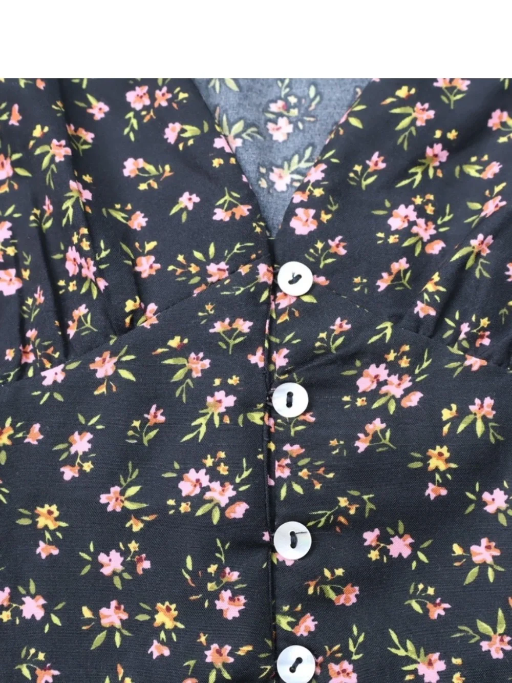 Button-Front Floral Peplum Blouse - Black with Pink & Yellow Flowers